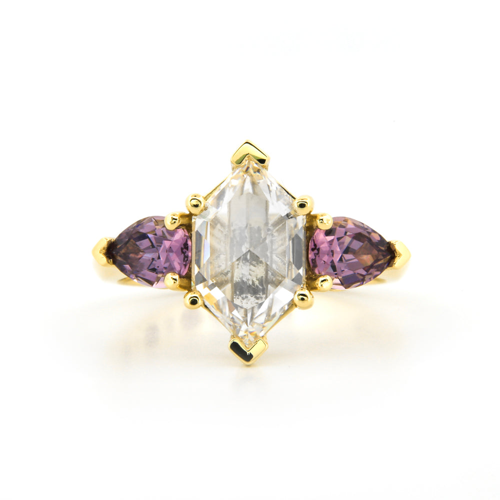 Custom 3 Stone Ring Featuring A Custom Cut Hexagonal Rose Cut Diamond And 2 Pear Shaped Violet Spinels