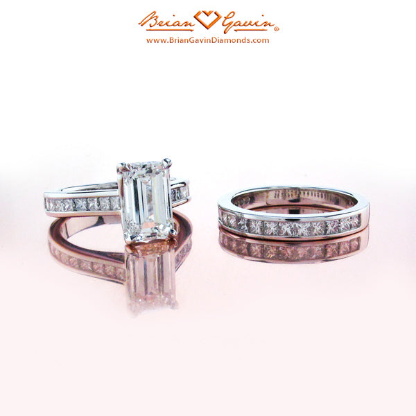 Brian Gavin Custom Platinum Setting for Emerald Cut with Channel Set Princess Cuts and Matching Band
