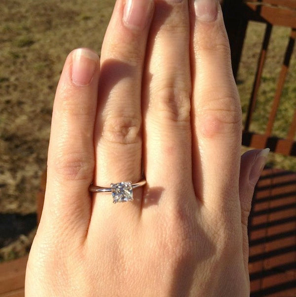 Beautiful Hand Shot of Brian Gavin Cushion Cut Engagement Ring