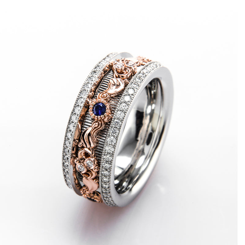 Custom Full Eternity Diamond and Gemstone Band with Milgrain