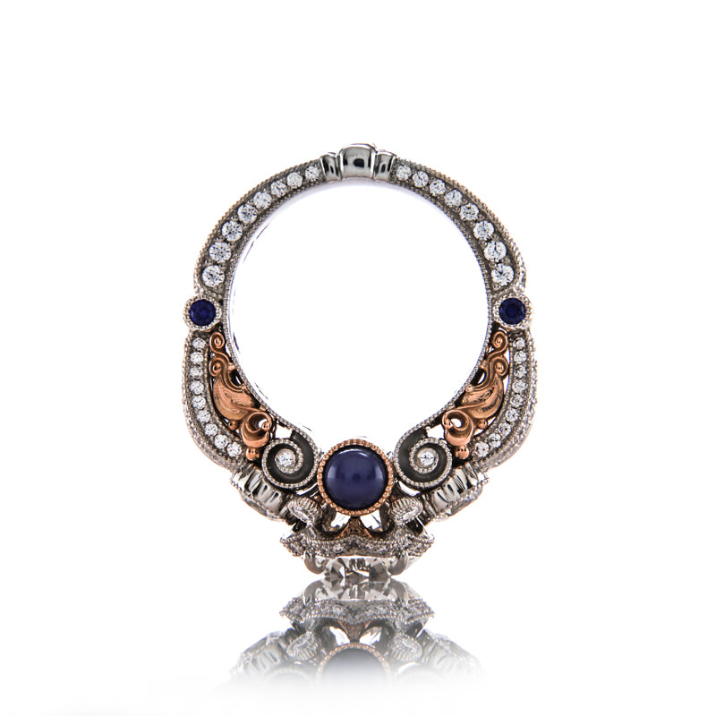 Custom Halo Style Three Stone Ring featuring Many Types of Gemstones