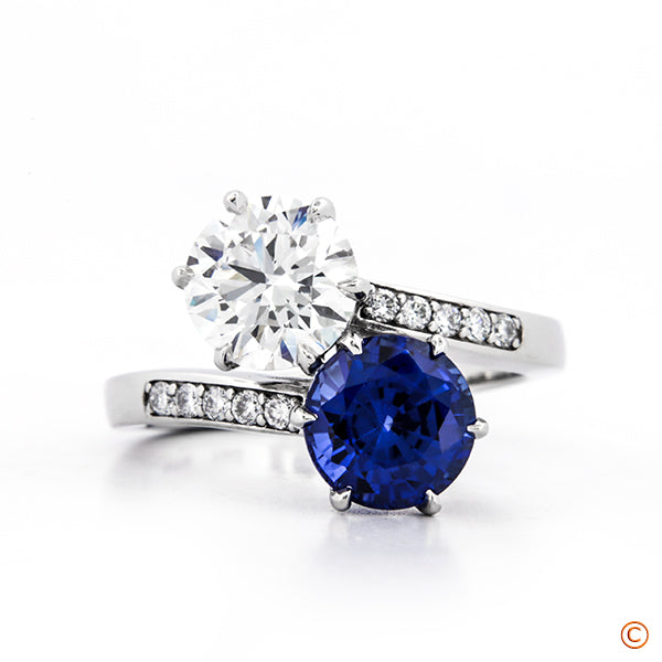 Two stone, Moi Et Toi ring made in Platinum, Diamonds and Blue Sapphire