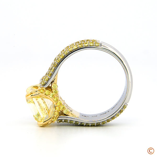 Custom Hand Assembled Cathedral Setting Featuring A 3.5Ct Fancy Yellow Square Emerald Center And Fancy Vivid Yellow Diamond Melee
