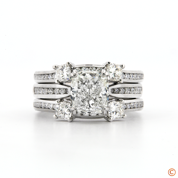 Diagonal Double Prong Half Eternity Channel Set Ring for Quadex Engagement Ring and Matching Bands