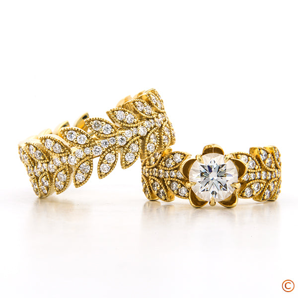 Custom Floral Engagement Ring and Matching Band featuring Diamond Milgrain Leaves