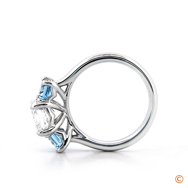 Custom Three stone Emerald Engagement Ring set with Natural Aquamarines