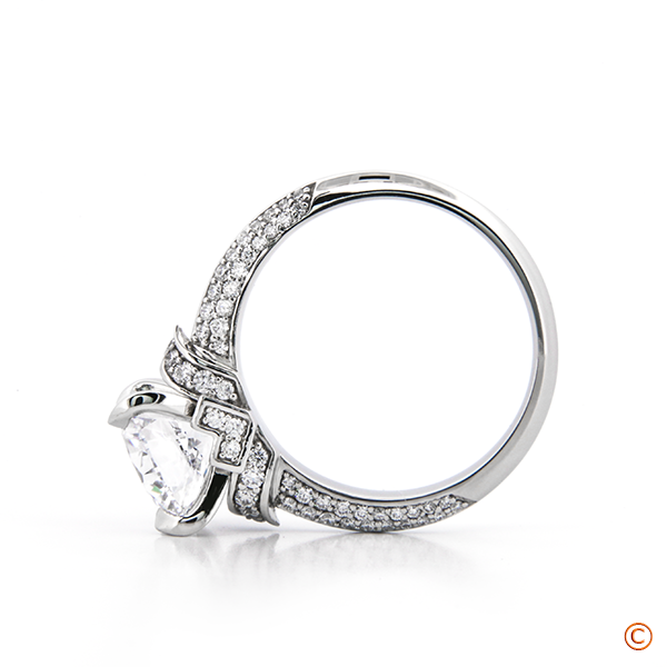 Custom created Knife Edge, Two Row Pave style Engagement Ring with Signature Diamonds