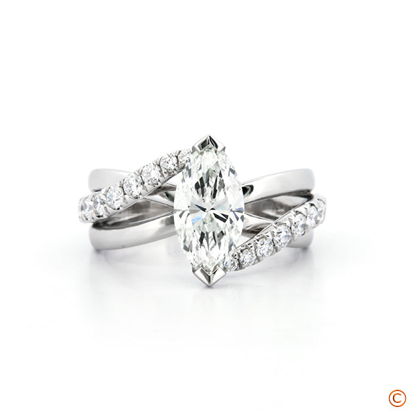 Custom Wide Three Band Style Engagement Ring with Pave Set Diamonds