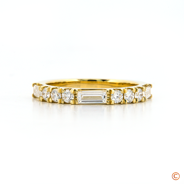 Custom Wedding Band made with baguettes and alternating round diamonds