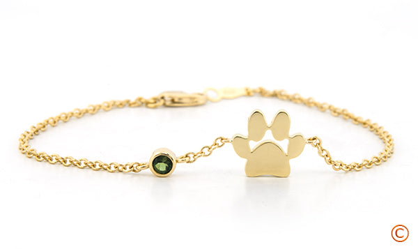 Custom Paw Print Bracelet with Green Tourmaline Bezel