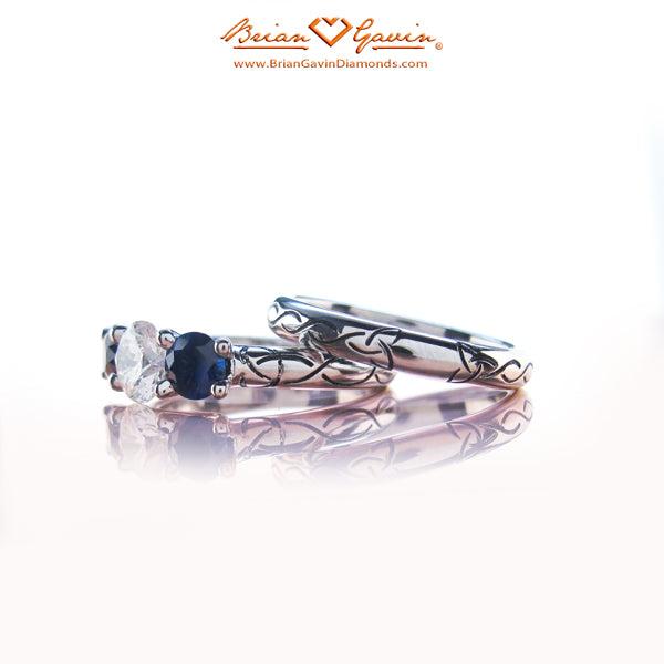Brian Gavin Platinum 3 Stone Diamond and Sapphire Engagement Ring and Matching Band