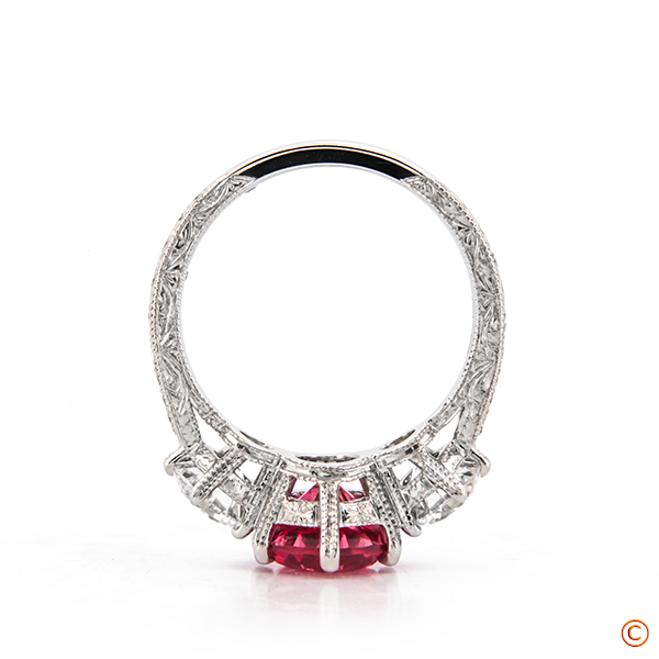 Custom 3Stone Ring Featuring A 3.5Ct Pink Sapphire And Hand Engraving