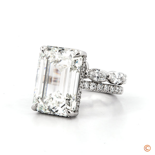 9ct Emerald Cut Custom Pave Ring with a Hidden Halo & Custom Marquise Band