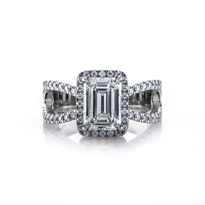 Custom Emerald Cut Halo Engagement Ring with Split Shank
