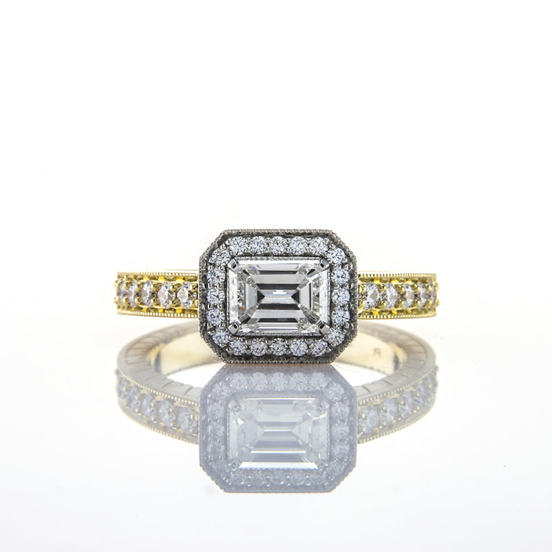 Horizontal Halo for Emerald Cut Diamond featuring 1/2 Eternity Pave setting with Milgrain