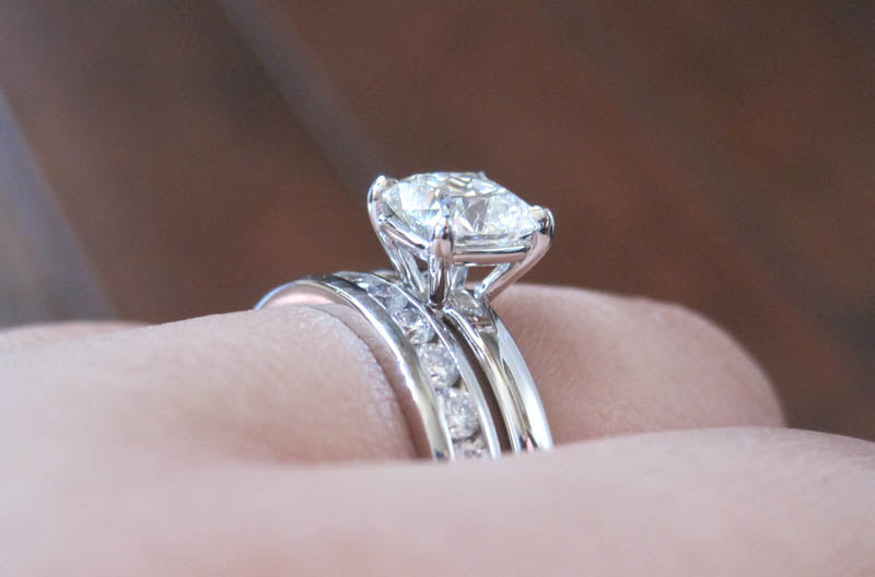 Profile View of Lisa's New Grace Solitaire with her Original Channel Set Band