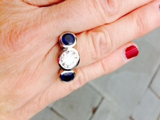 Jane's Hand Picture of her Brian Gavin 3 Stone Anniversary Ring