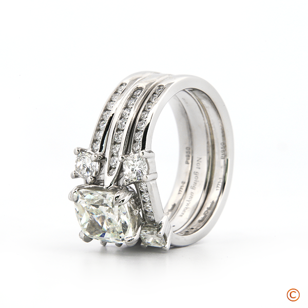 Diagonal Double Prong Half Eternity Channel Set Ring for Quadex Engagement Ring and Matching Bands