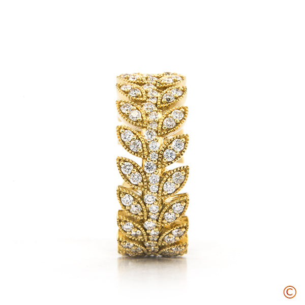Custom Floral Engagement Ring and Matching Band featuring Diamond Milgrain Leaves