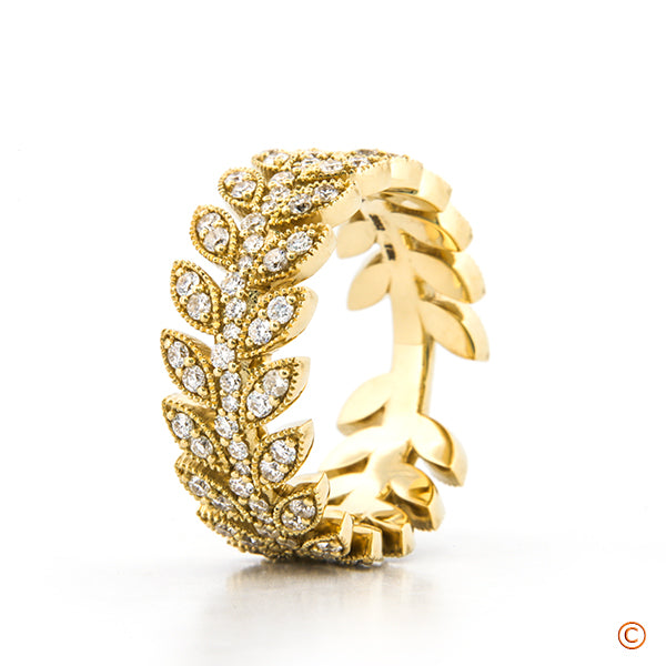 Custom Floral Engagement Ring and Matching Band featuring Diamond Milgrain Leaves