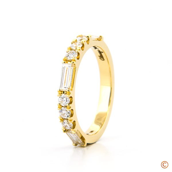 Custom Wedding Band made with baguettes and alternating round diamonds