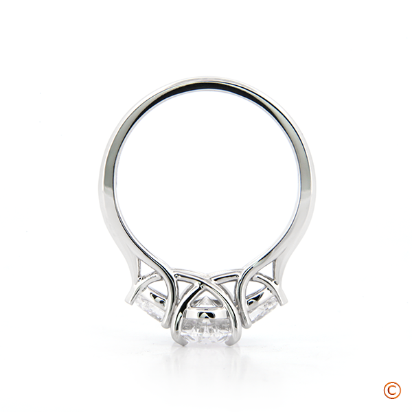 Three Stone Trellis Style Engagement Ring featuring Pear Sides