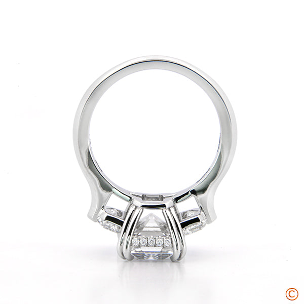 Custom Kallista featuring a 2.96ct Cushion Center and Two Cadillac Sides