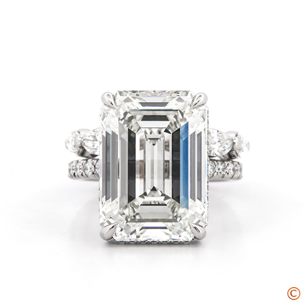 9ct Emerald Cut Custom Pave Ring with a Hidden Halo & Custom Marquise Band