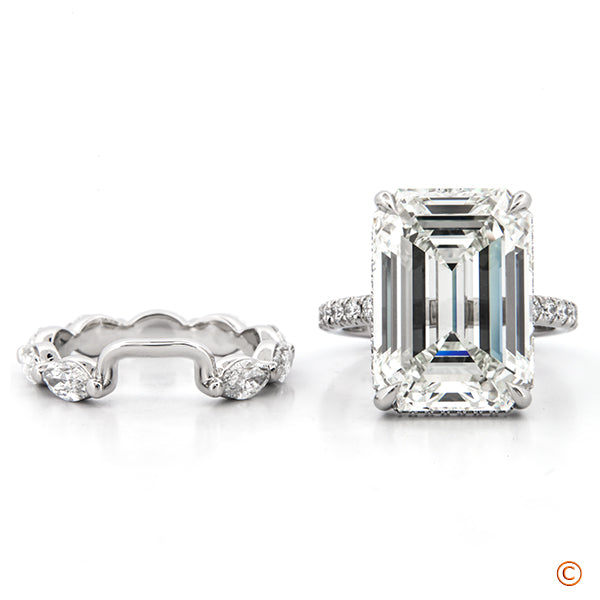 9ct Emerald Cut Custom Pave Ring with a Hidden Halo & Custom Marquise Band